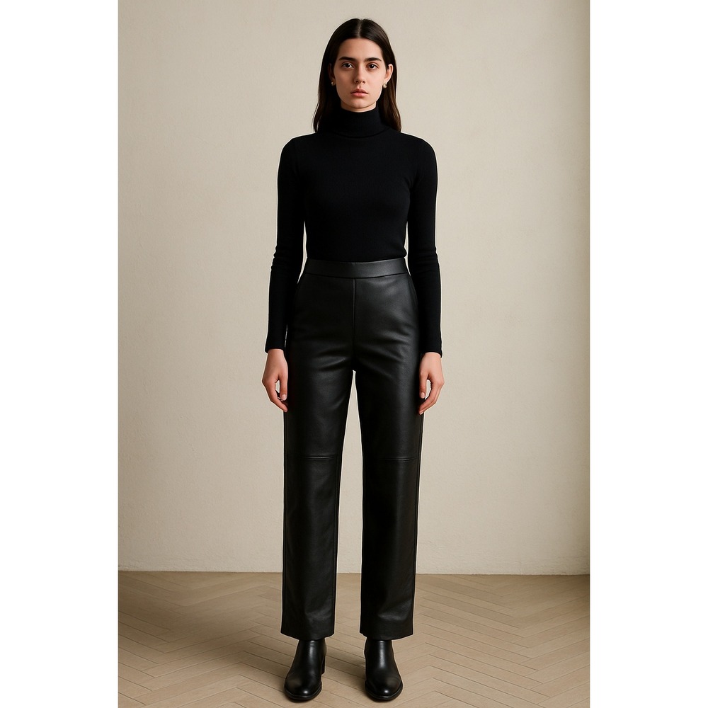 Genuine Leather Straight Leg Pants Black High Waist Elastic Waistband Size S Y2K